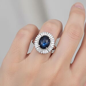 D'Joy Blue Star Sapphire, Moissanite Ring in Rhodium Over Sterling Silver 7.20 ctw (Size 10.0)