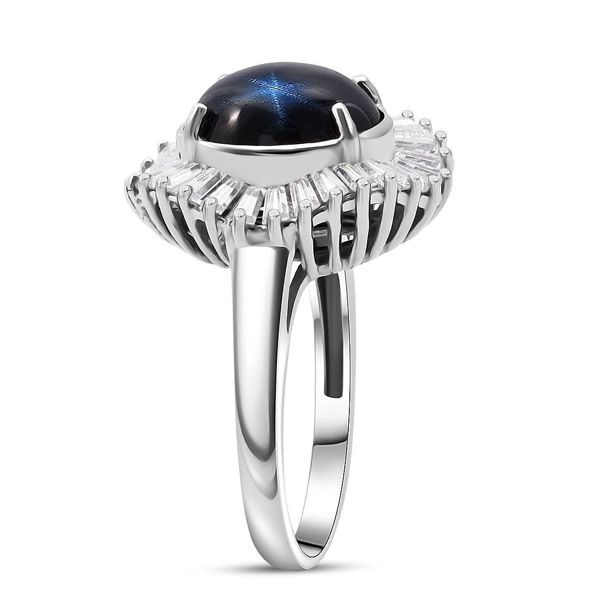 Doorbuster D'Joy Premium Blue Star Sapphire (DF) and Moissanite 7.20 ctw Celestial Crown Ring in Rhodium Over Sterling Silver (Size 10.0) image number 3