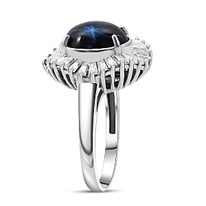 D'Joy Blue Star Sapphire, Moissanite Ring in Rhodium Over Sterling Silver 7.20 ctw (Size 10.0)