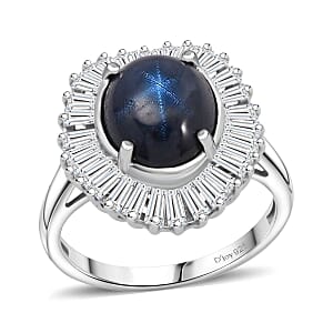 Doorbuster D'Joy Premium Blue Star Sapphire (DF) and Moissanite 7.20 ctw Celestial Crown Ring in Rhodium Over Sterling Silver (Size 7.0)