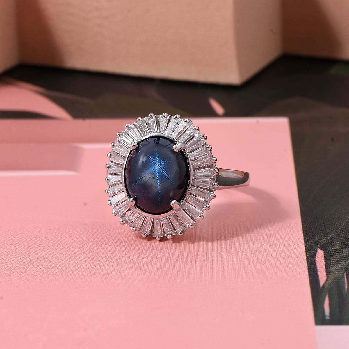 Doorbuster D'Joy Premium Blue Star Sapphire (DF) and Moissanite 7.20 ctw Celestial Crown Ring in Rhodium Over Sterling Silver (Size 7.0) image number 1