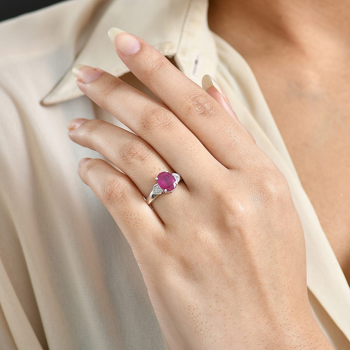 D'Joy Niassa Ruby (FF) and White Zircon 2.75 ctw Ring in Platinum Over Sterling Silver (Size 6.0) image number 2