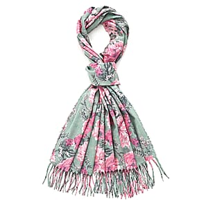 La Marey Light Green Floral Printed Scarf