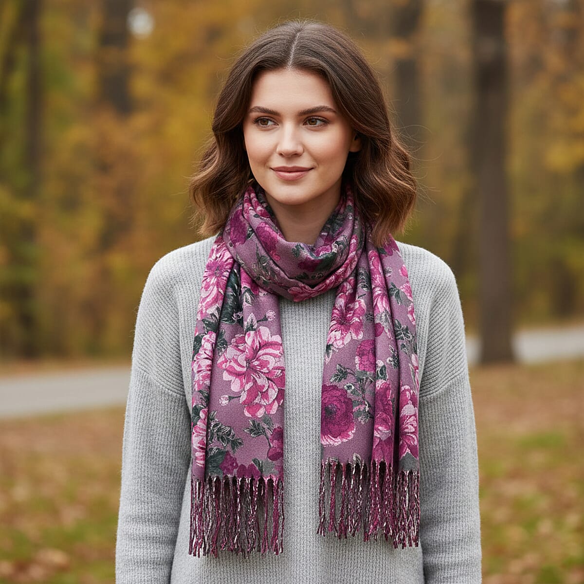 La Marey Purple Floral Printed Scarf image number 0