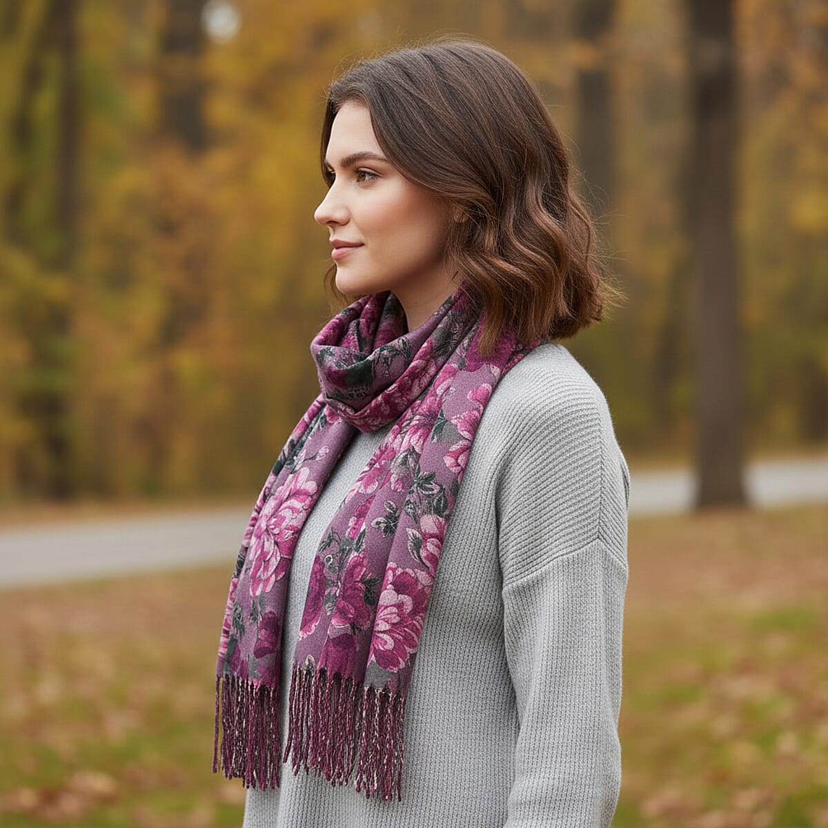 La Marey Purple Floral Printed Scarf image number 1