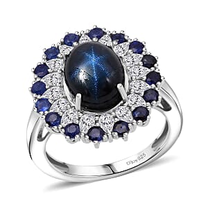 D'Joy Premium Blue Star Sapphire (DF) and Multi Gemstone 6.20 ctw Ring in Rhodium Over Sterling Silver (Size 6.0)