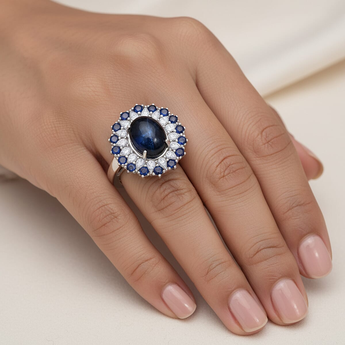 D'Joy Premium Blue Star Sapphire (DF) and Multi Gemstone 6.20 ctw Ring in Rhodium Over Sterling Silver (Size 6.0) image number 2