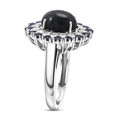 D'Joy Premium Blue Star Sapphire (DF) and Multi Gemstone 6.20 ctw Ring in Rhodium Over Sterling Silver (Size 6.0)