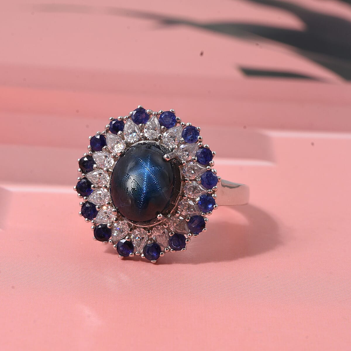 D'Joy Premium Blue Star Sapphire (DF) and Multi Gemstone 6.20 ctw Celestial Bloom Ring in Rhodium Over Sterling Silver (Size 7.0) image number 1