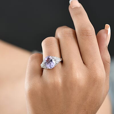 EverTrue Rose De France Amethyst, White Zircon Lavender Cocktail Ring in Platinum Bond 4.75 ctw (Size 10.0)
