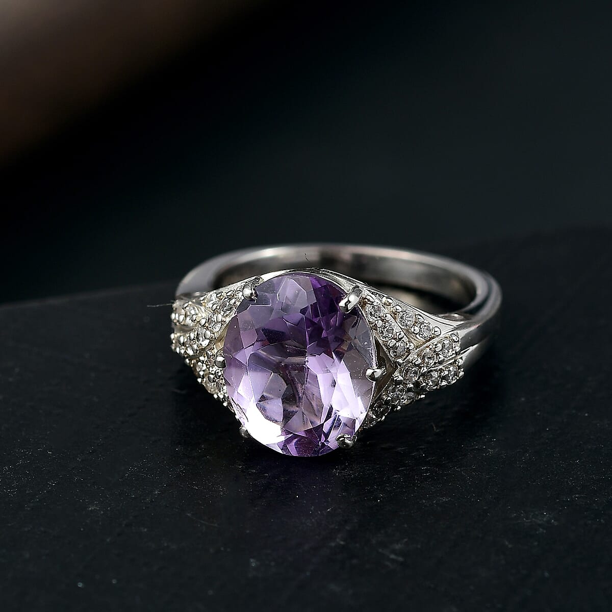 EverTrue Rose De France Amethyst and White Zircon 4.75 ctw Lavender Cocktail Ring in Platinum Bond (Size 7.0) image number 1