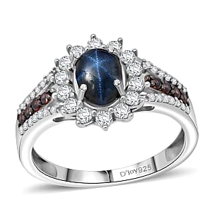 D'Joy Premium Blue Star Sapphire (DF), White and Chocolate Zircon 2.20 ctw Starfire Ring in Rhodium Over Sterling Silver (Size 10.0)