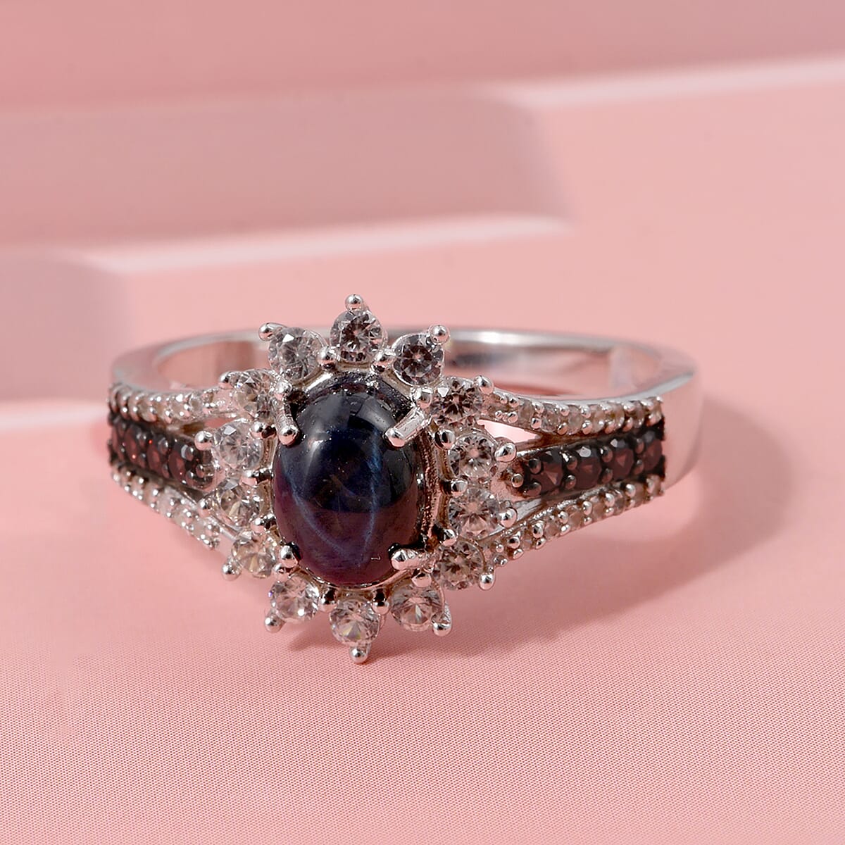 D'Joy Premium Blue Star Sapphire (DF), White and Chocolate Zircon 2.20 ctw Starfire Ring in Rhodium Over Sterling Silver (Size 10.0) image number 1