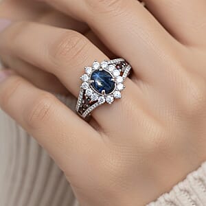 D'Joy Blue Star Sapphire, White and Chocolate Zircon Starfire Ring in Rhodium Over Sterling Silver 2.20 ctw (Size 10.0)