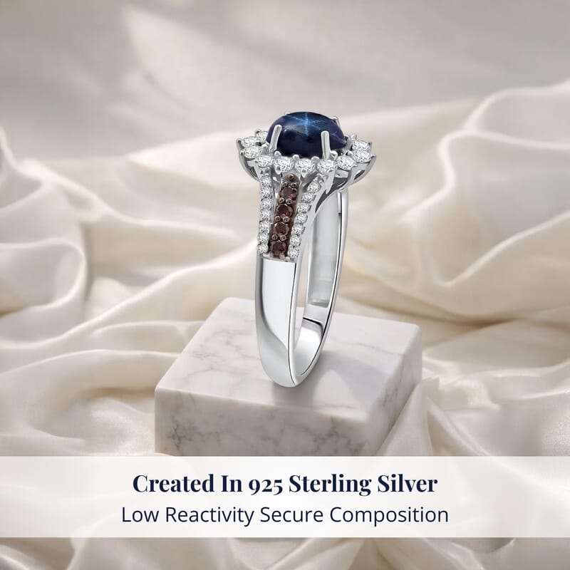 D'Joy Blue Star Sapphire, White and Chocolate Zircon Starfire Ring in Rhodium Over Sterling Silver 2.20 ctw (Size 10.0)