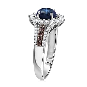 D'Joy Blue Star Sapphire, White and Chocolate Zircon Starfire Ring in Rhodium Over Sterling Silver 2.20 ctw (Size 10.0)