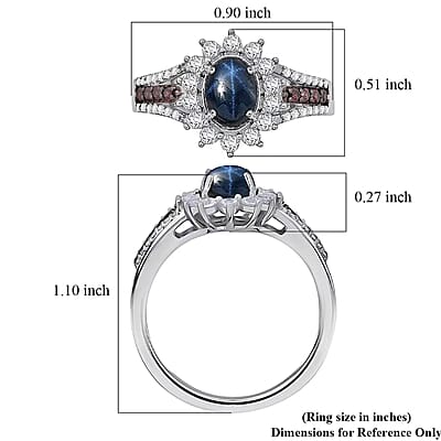 D'Joy Blue Star Sapphire, White and Chocolate Zircon Starfire Ring in Rhodium Over Sterling Silver 2.20 ctw (Size 10.0)