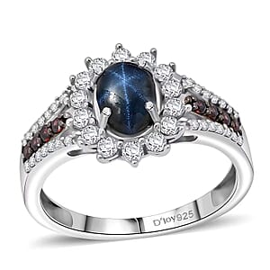 D'Joy Blue Star Sapphire, White and Chocolate Zircon Starfire Ring in Rhodium Over Sterling Silver 2.20 ctw (Size 5.0)