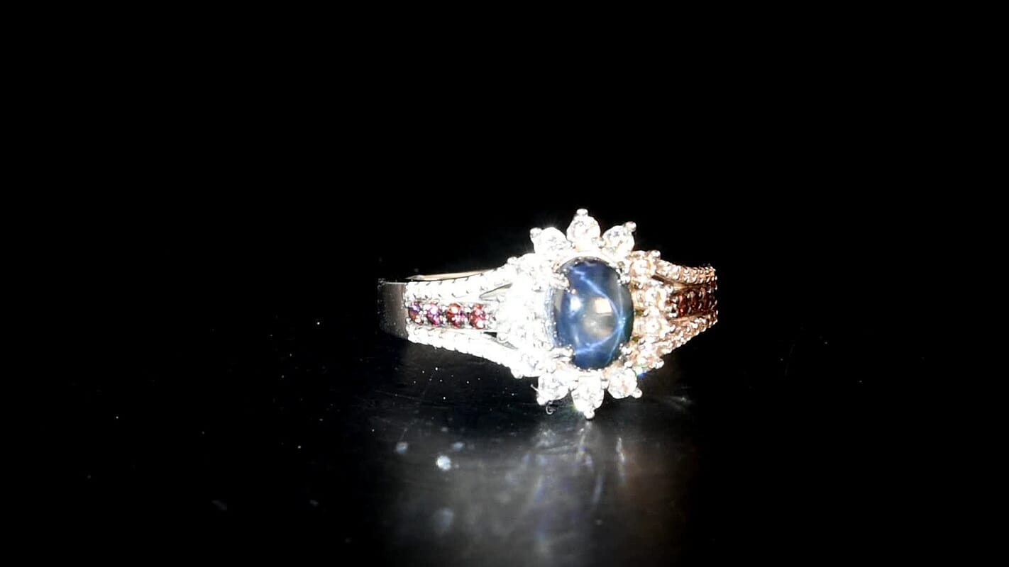 D'Joy Premium Blue Star Sapphire (DF), White and Chocolate Zircon Starfire Ring in Rhodium Over Sterling Silver (Size 10.0) 2.20 ctw