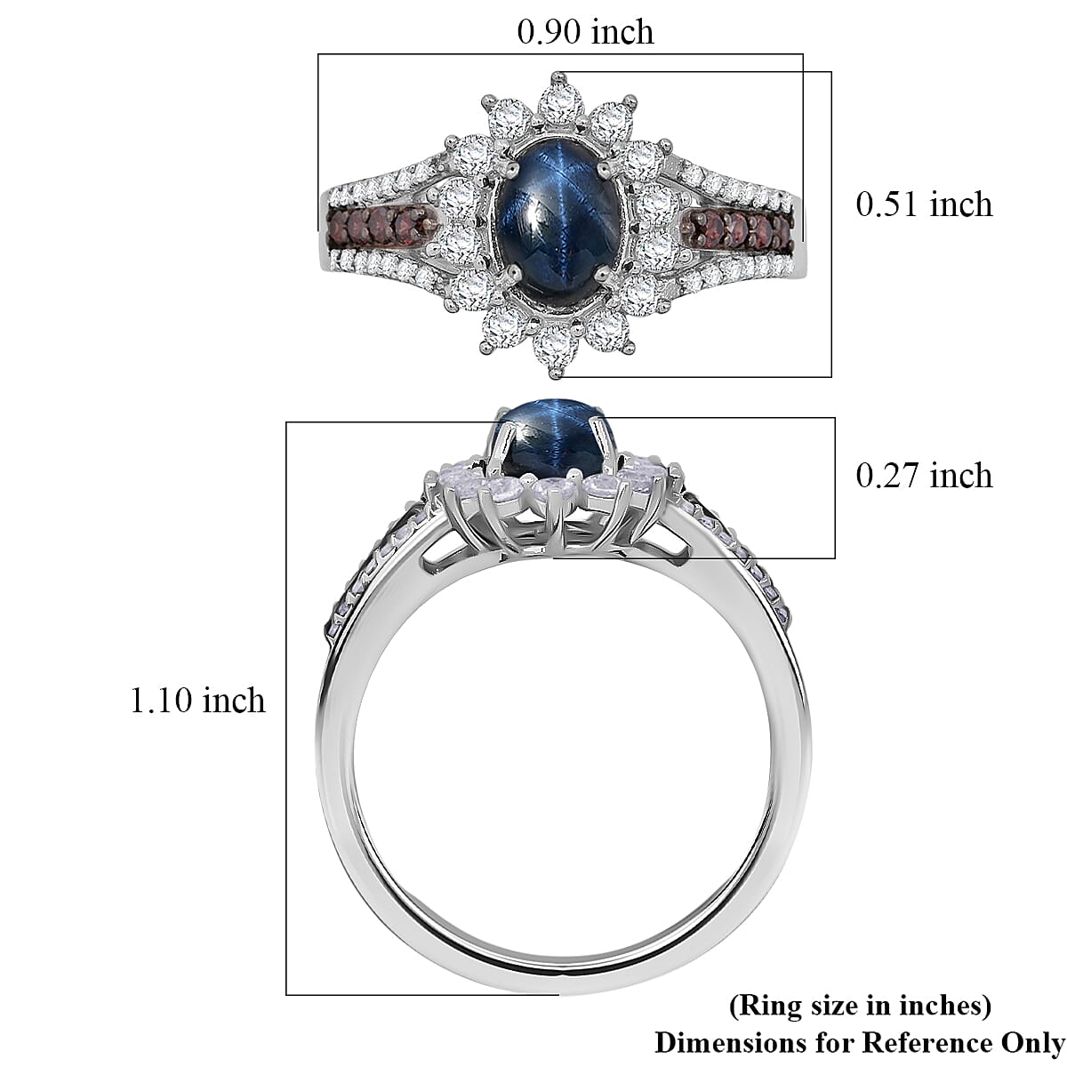 D'Joy Blue Star Sapphire, White and Chocolate Zircon Starfire Ring in Rhodium Over Sterling Silver 2.20 ctw (Size 6.0) image number 5