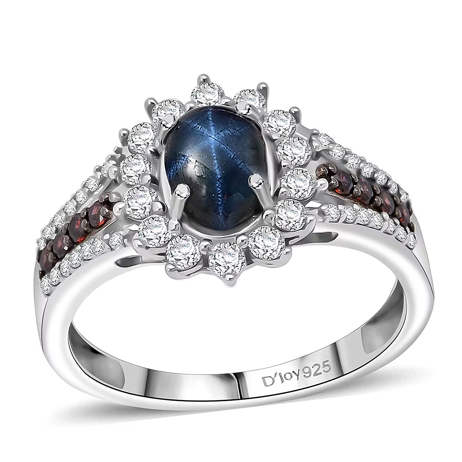 D'Joy Premium Blue Star Sapphire (DF), White and Chocolate Zircon Starfire Ring in Rhodium Over Sterling Silver (Size 10.0) 2.20 ctw