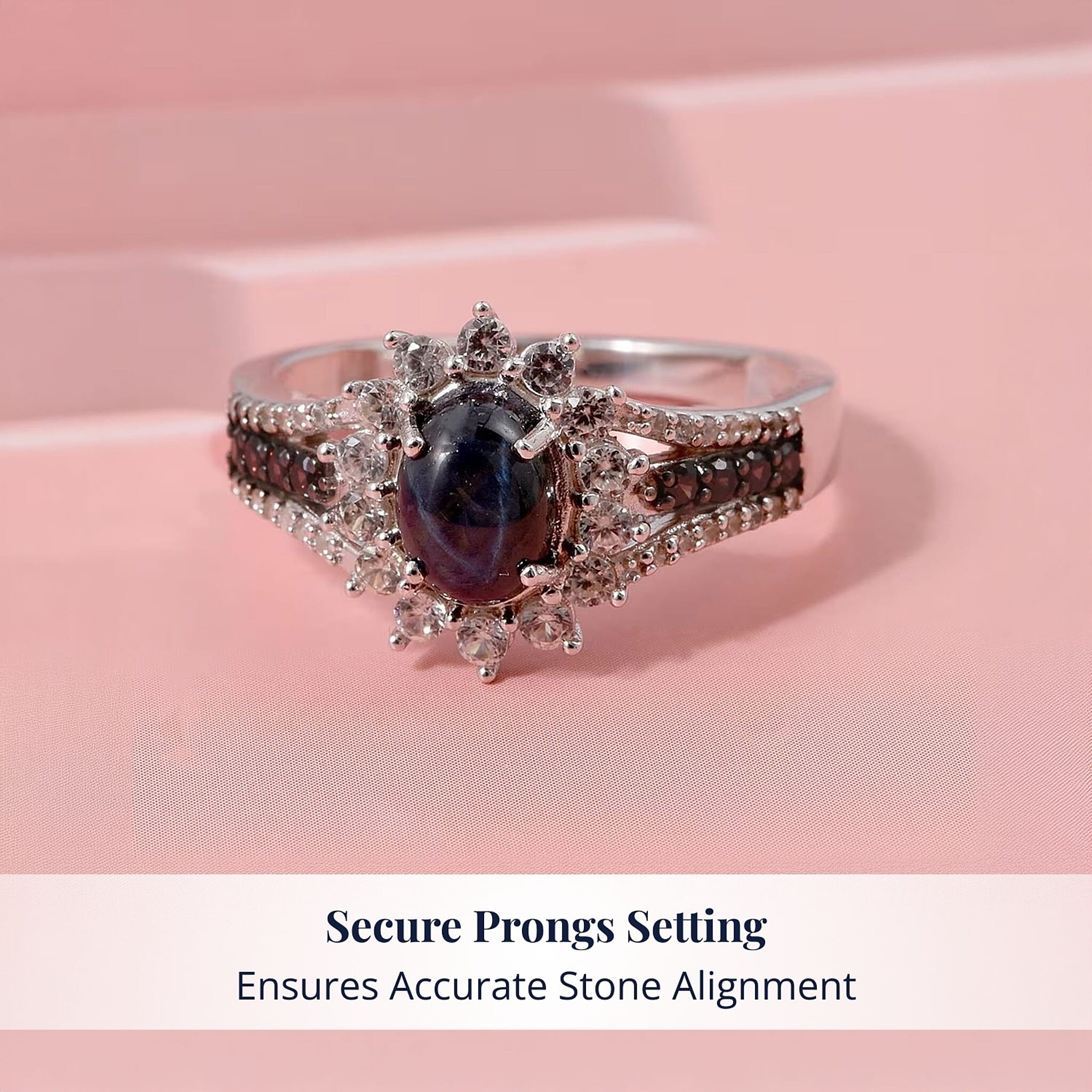 D'Joy Blue Star Sapphire, White and Chocolate Zircon Starfire Ring in Rhodium Over Sterling Silver 2.20 ctw (Size 7.0)