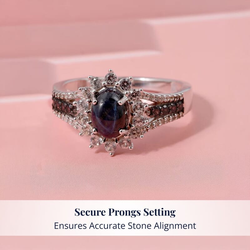 D'Joy Blue Star Sapphire, White and Chocolate Zircon Starfire Ring in Rhodium Over Sterling Silver 2.20 ctw (Size 7.0)