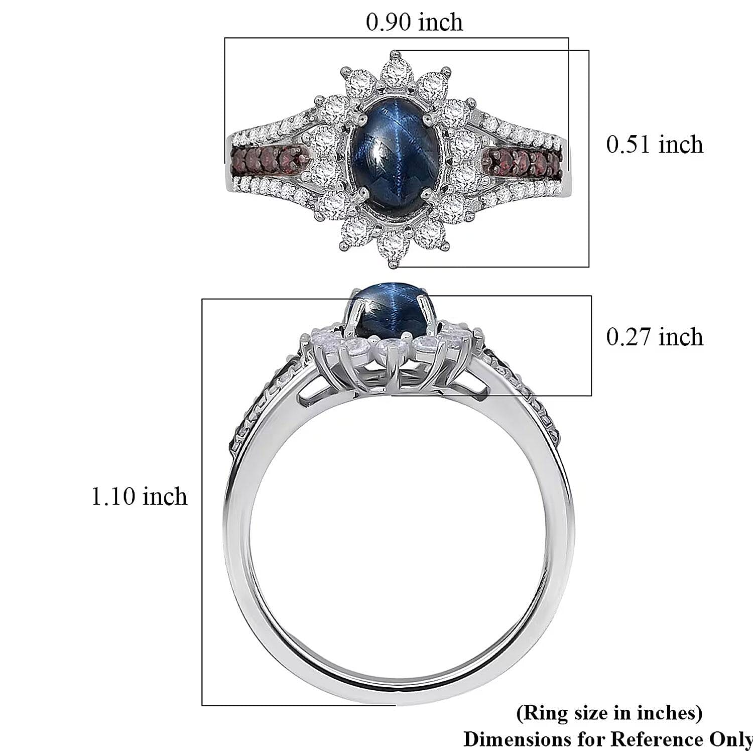 D'Joy Blue Star Sapphire, White and Chocolate Zircon Starfire Ring in Rhodium Over Sterling Silver 2.20 ctw (Size 7.0)
