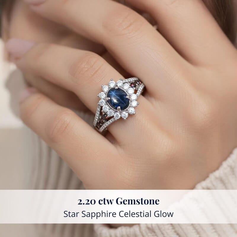 D'Joy Premium Blue Star Sapphire (DF), White and Chocolate Zircon 2.20 ctw Starfire Ring in Rhodium Over Sterling Silver (Size 8.0)