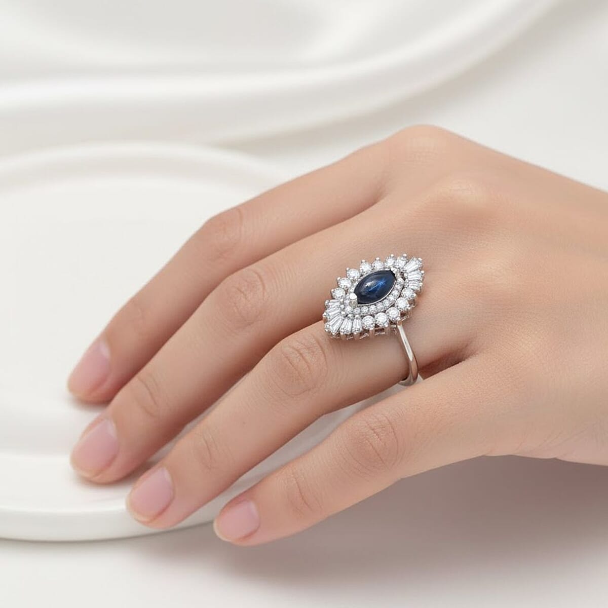 Doorbuster D'Joy Blue Star Sapphire (DF) and Moissanite 1.65 ctw Crown Ray Ring in Rhodium Over Sterling Silver (Size 10.0) image number 2
