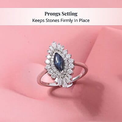 D'Joy Blue Star Sapphire (DF) and Moissanite 1.65 ctw Crown Ray Ring in Rhodium Over Sterling Silver (Size 10.0)