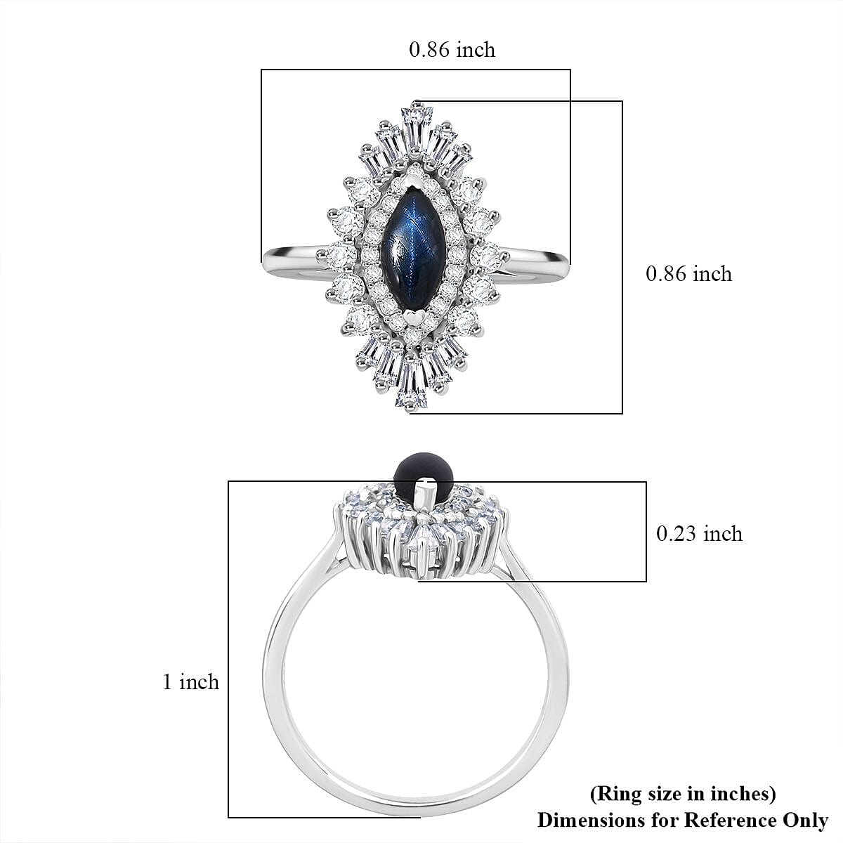 Doorbuster D'Joy Blue Star Sapphire (DF) and Moissanite 1.65 ctw Crown Ray Ring in Rhodium Over Sterling Silver (Size 10.0) image number 5
