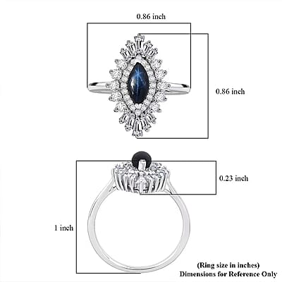 D'Joy Blue Star Sapphire (DF) and Moissanite 1.65 ctw Crown Ray Ring in Rhodium Over Sterling Silver (Size 10.0)