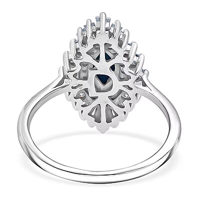 D'Joy Blue Star Sapphire (DF) and Moissanite 1.65 ctw Crown Ray Ring in Rhodium Over Sterling Silver (Size 10.0)