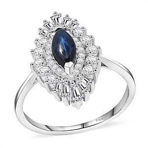  D'Joy Blue Star Sapphire (DF) and Moissanite 1.65 ctw Crown Ray Ring in Rhodium Over Sterling Silver (Size 5.0)