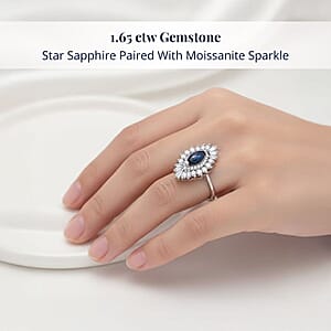  D'Joy Blue Star Sapphire (DF) and Moissanite 1.65 ctw Crown Ray Ring in Rhodium Over Sterling Silver (Size 5.0)