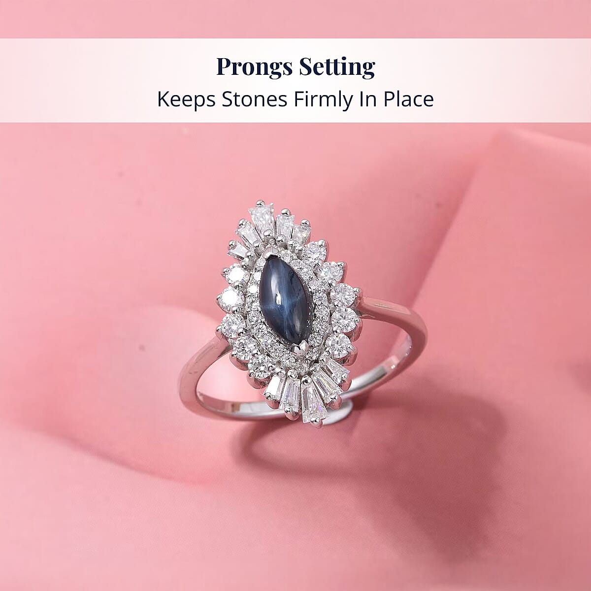  D'Joy Blue Star Sapphire (DF) and Moissanite 1.65 ctw Crown Ray Ring in Rhodium Over Sterling Silver (Size 5.0) image number 3