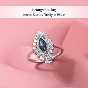  D'Joy Blue Star Sapphire (DF) and Moissanite 1.65 ctw Crown Ray Ring in Rhodium Over Sterling Silver (Size 5.0)