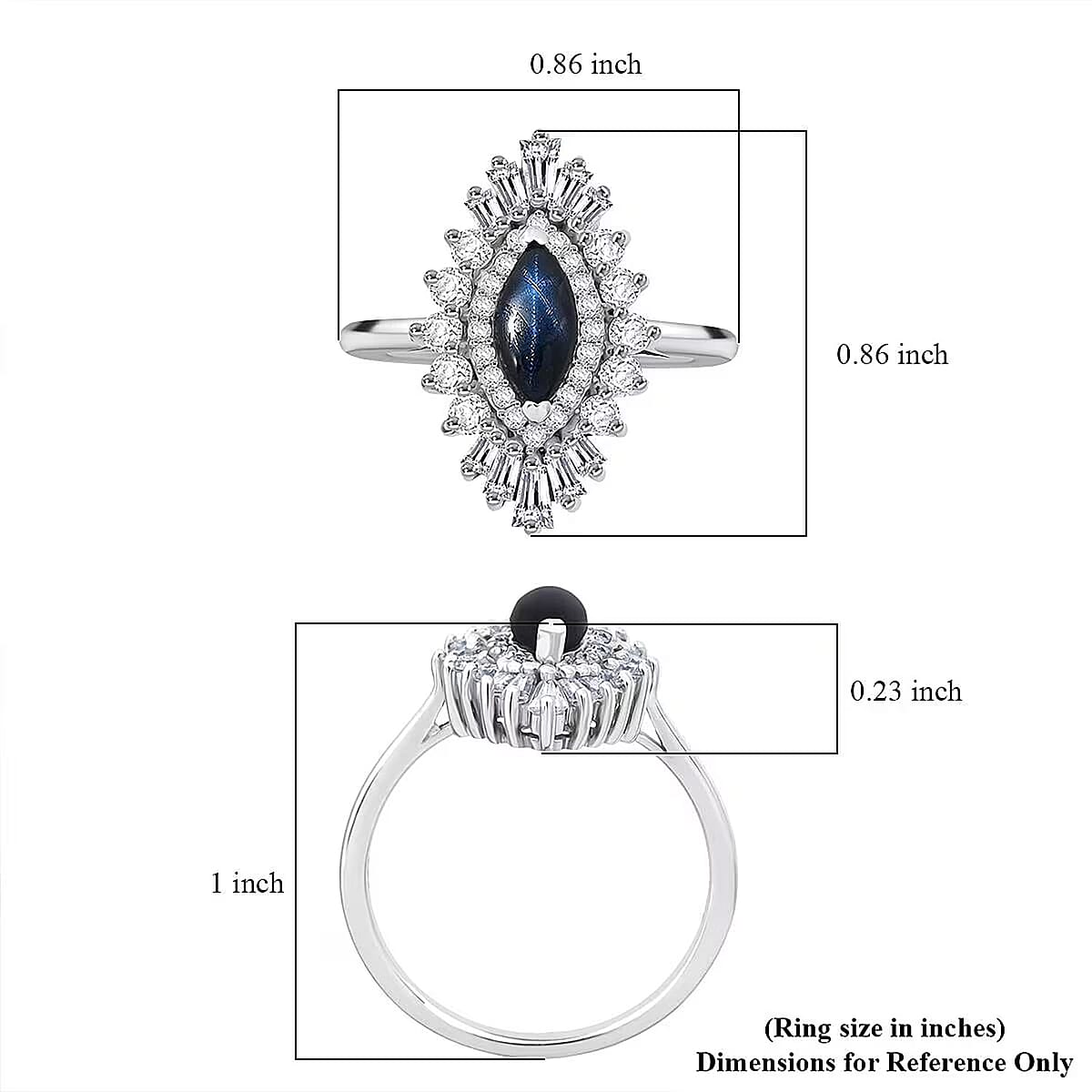  D'Joy Blue Star Sapphire (DF) and Moissanite 1.65 ctw Crown Ray Ring in Rhodium Over Sterling Silver (Size 5.0) image number 5