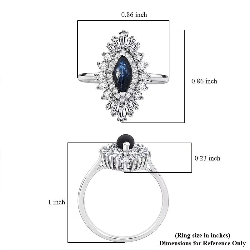 D'Joy Blue Star Sapphire (DF) and Moissanite 1.65 ctw Crown Ray Ring in Rhodium Over Sterling Silver (Size 6.0)