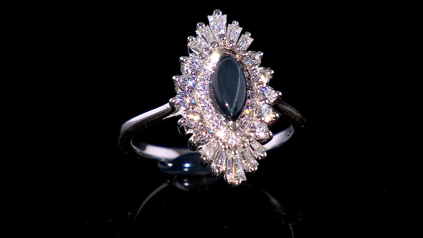 D'Joy Blue Star Sapphire (DF), Moissanite Ring in Rhodium Over Sterling Silver (Size 10.0) 1.65 ctw