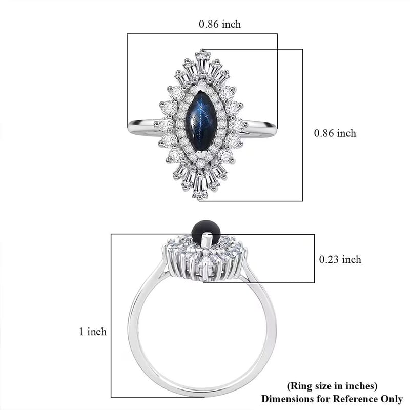 D'Joy Blue Star Sapphire (DF) and Moissanite 1.65 ctw Crown Ray Ring in Rhodium Over Sterling Silver (Size 7.0)