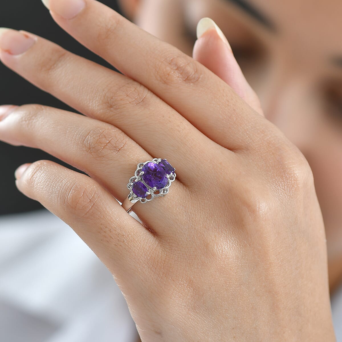 D'Joy African Amethyst and White Zircon 2.60 ctw Ring in Platinum Over Sterling Silver (Size 8.0) image number 2