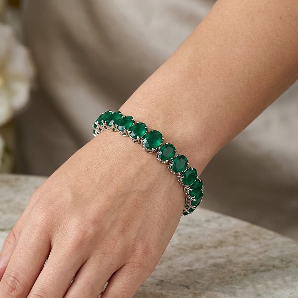EverTrue Green Onyx 33.10 ctw Tennis Bracelet in Platinum Bond (7.25 In) image number 2