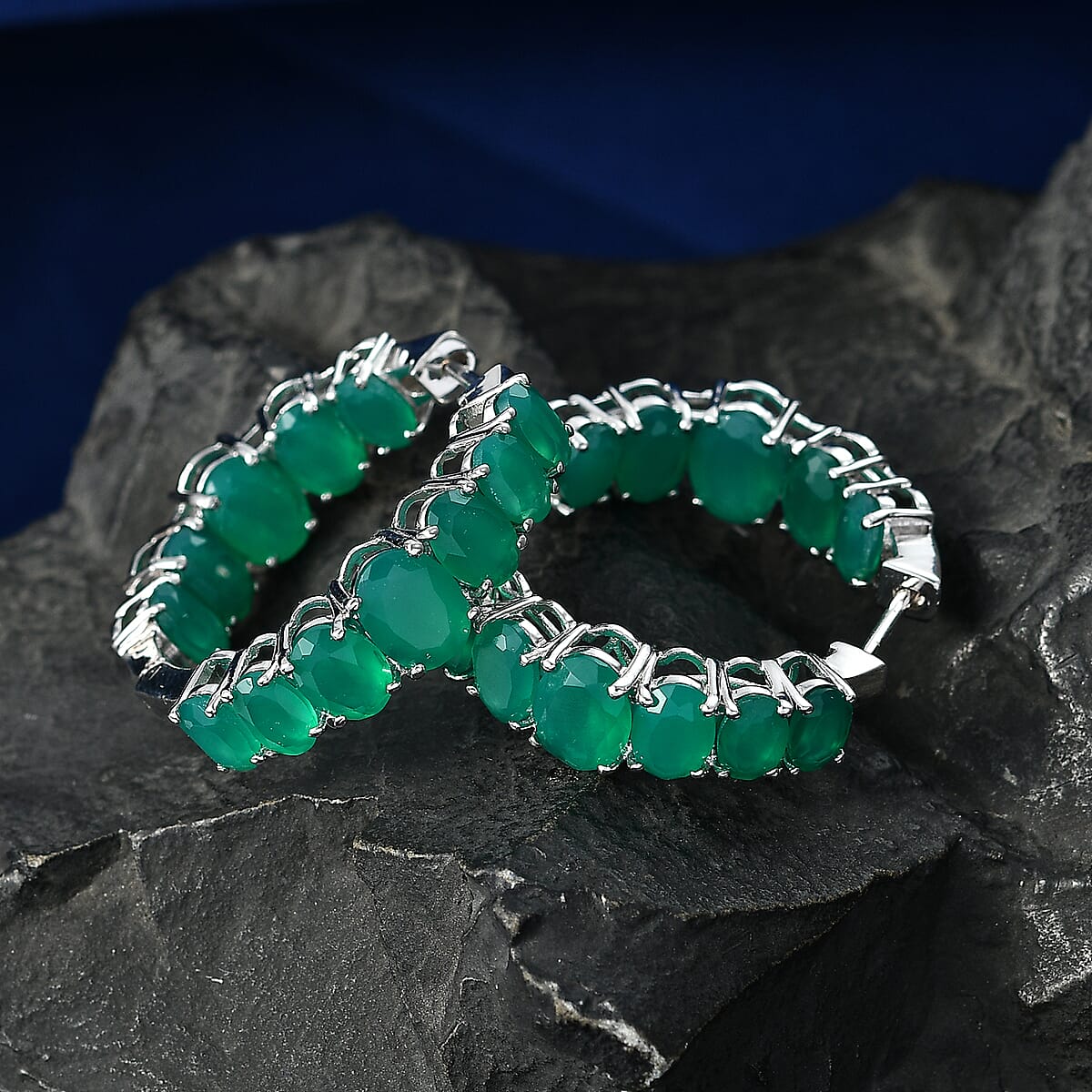 EverTrue Green Onyx 16.20 ctw Hoop Earrings in Platinum Bond image number 1