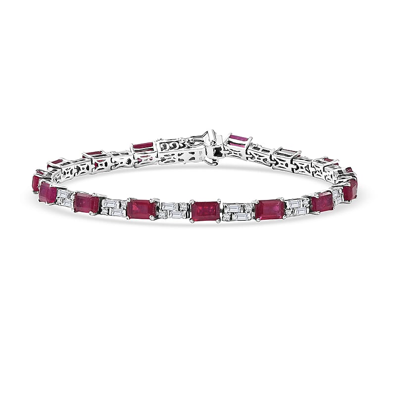 D'Joy Niassa Ruby (FF) and Moissanite 16.00 ctw Linear Luxe Bracelet in Rhodium Over Sterling Silver (8.00 In)