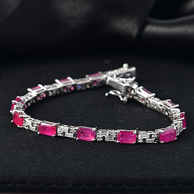 D'Joy Niassa Ruby (FF) and Moissanite 16.00 ctw Linear Luxe Bracelet in Rhodium Over Sterling Silver (8.00 In)