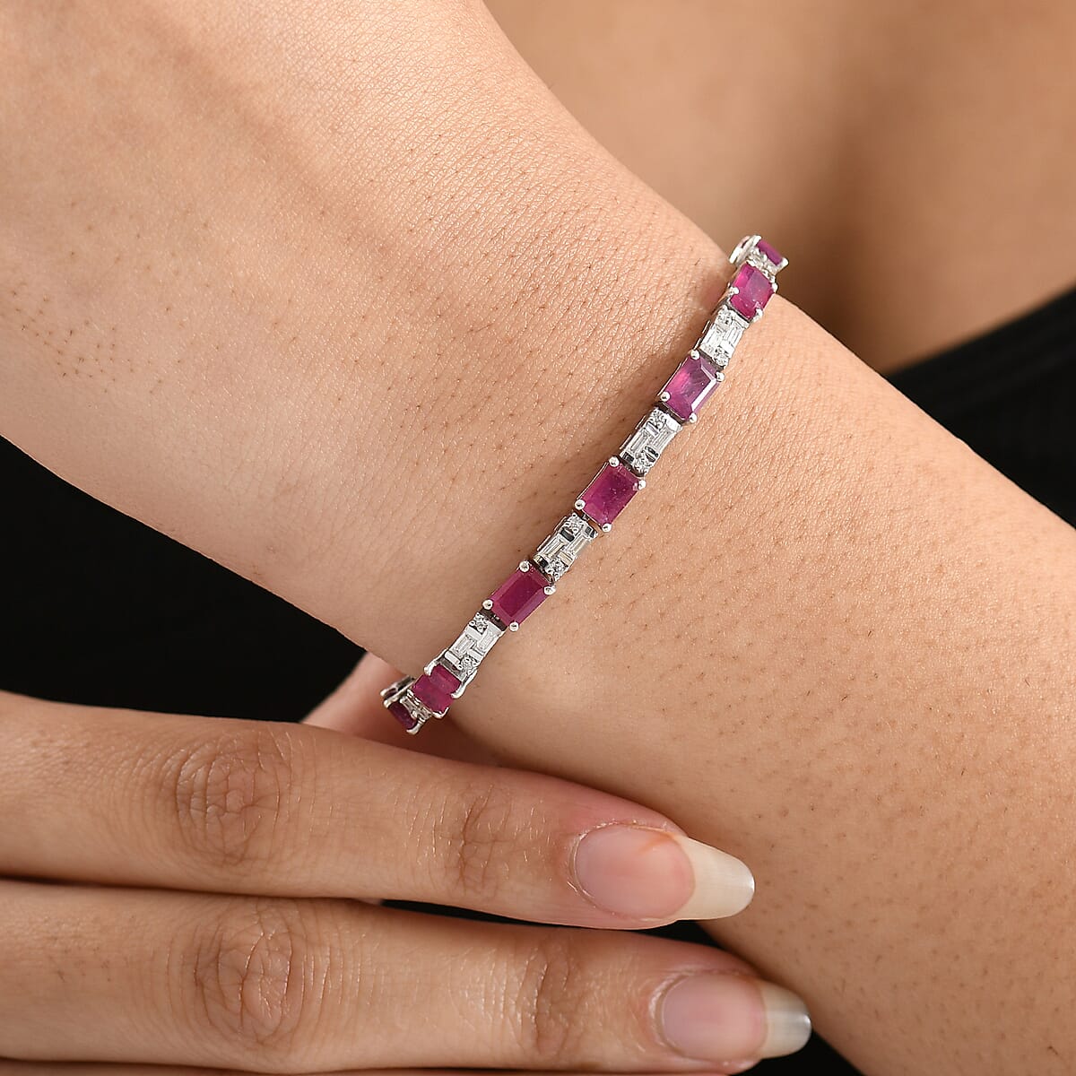 D'Joy Niassa Ruby (FF) and Moissanite 16.00 ctw Bracelet in Rhodium Over Sterling Silver (8.00 In) image number 2