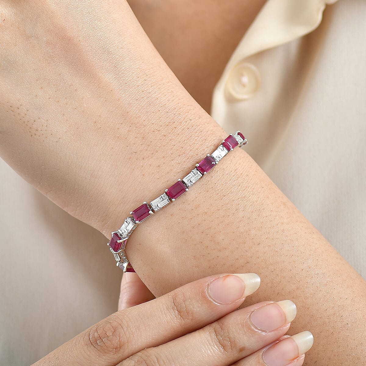 D'Joy Niassa Ruby (FF) and Moissanite 15.00 ctw Bracelet in Rhodium Over Sterling Silver (7.25 In) image number 2