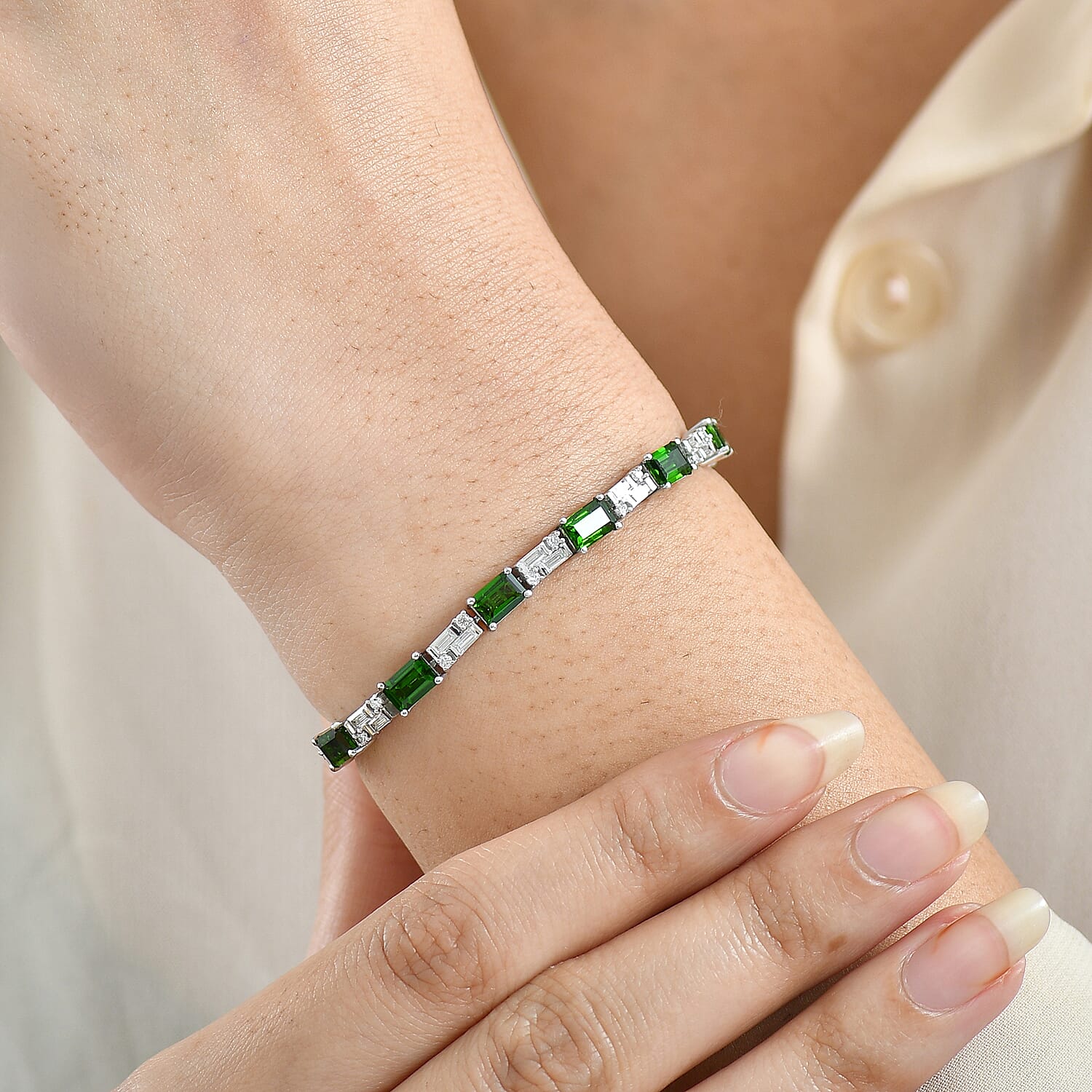 D'Joy Chrome Diopside and Moissanite 8.50 ctw Linear Luxe Bracelet in Rhodium Over Sterling Silver (6.50 In)